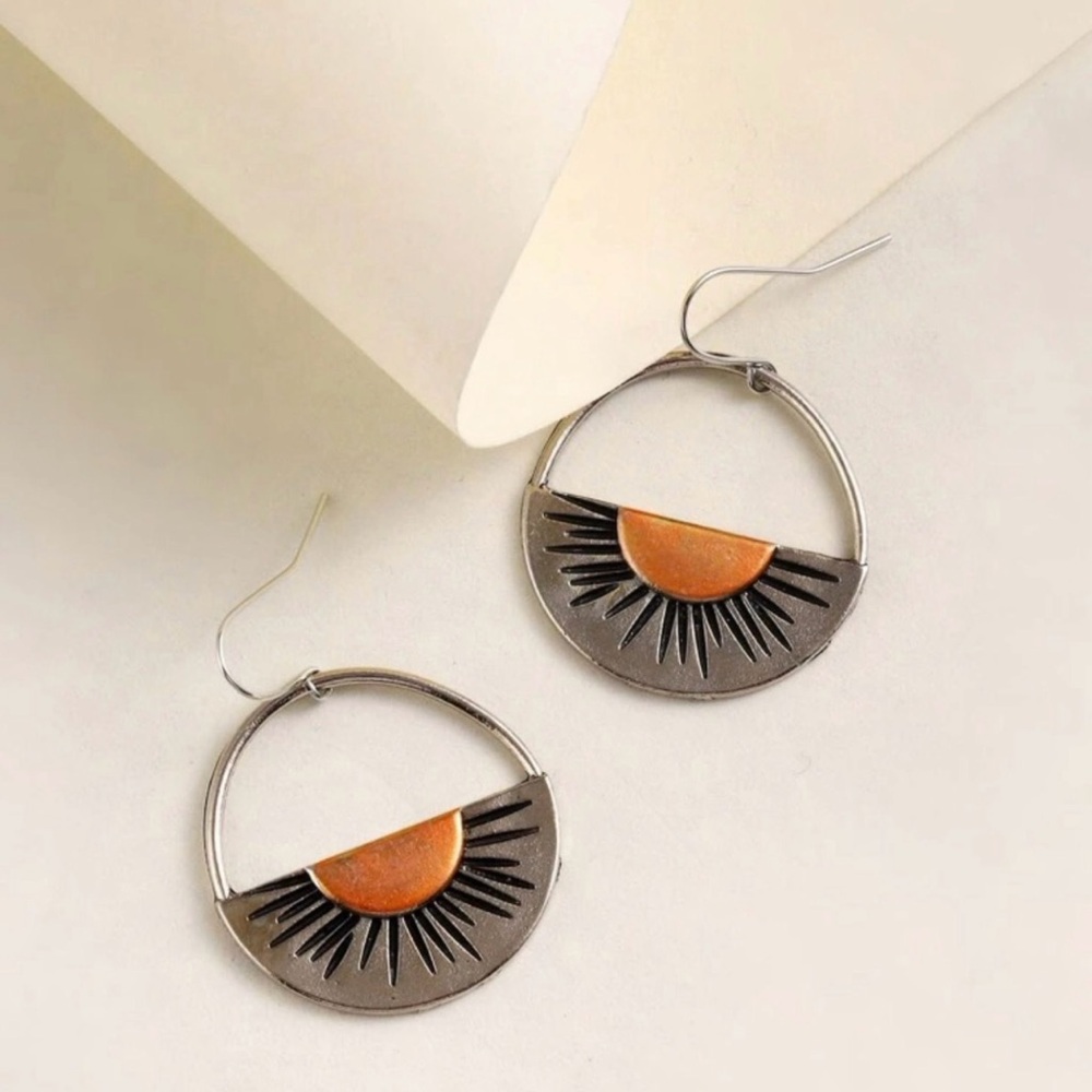 “Copper Sunrise” Tribal Ethnic Sunset Sunburst Sun Semicircle Celestial Earrings - Picture 6 of 6
